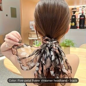 Five Petal Flower Streamer Headband in Black or Dark Green